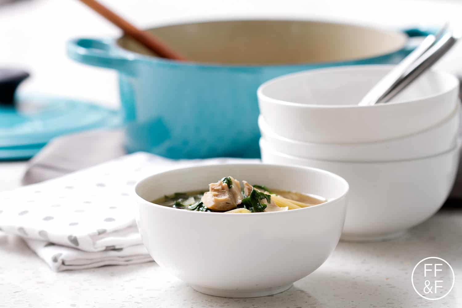 Chicken Noodle Soup with Penne Pasta and Spinach plus a Le Creuset + Simply Organics GIVEAWAY!