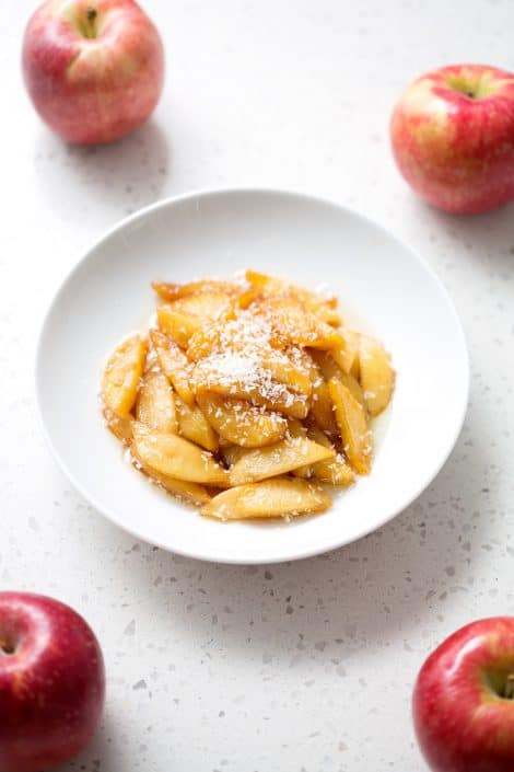 Coconut-Maple-Sauteed-Apples-41sm Deliciously simple 5-ingredient recipe for Coconut Maple Sautéed Apples will satisfy your sweet tooth. This recipe is allergy friendly (gluten, dairy, shellfish, nut, egg, and soy free) and suits the autoimmune protocol (AIP), paleo and vegan diets.