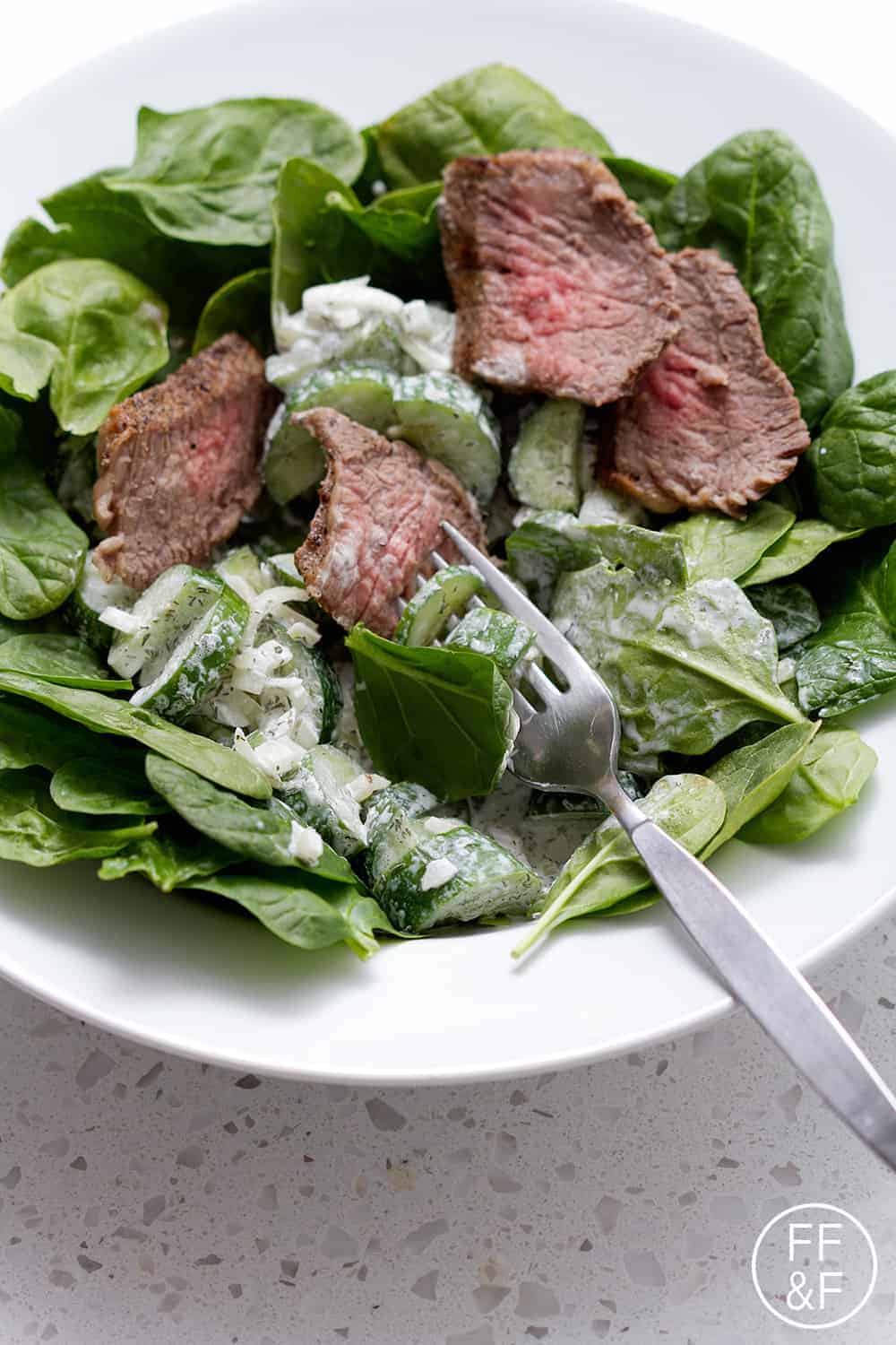 Tri Tip Spinach Salad with a Creamy Cucumber Dill Dressing from foodfashionandfun.com