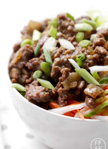 Vietnamese Beef Bowl made with rice, lettuce, pickled vegetables and ground beef with Vietnamese flavors.