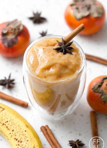 This recipe for Persimmon Chai Smoothie use uses only a few ingredients to create a healthy and delicious drink. Persimmons have a rather short season so take advantage and blend this seasonal smoothie. This drink is vegan and paleo/AIP.