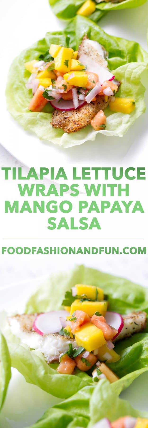 Tilapia Lettuce Wraps with Mango Papaya Salsa are a fresh and healthy dinner that requires very little cooking. This recipe is great for gluten free, dairy free and autoimmune protocol (AIP) diet.