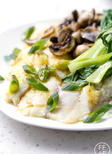 Easy meal of Oven Roasted Tilapia, Bok Choy and Mushrooms that can be made in just 15 minutes using less than 10 ingredients. This recipe is allergy friendly (gluten, dairy, shellfish, nut, egg, and soy free) and suits the paleo diet.