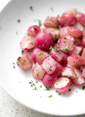 This Oven Roasted Radishes recipe takes advantage of the fresh produce from your garden. After roasting the radishes, they have an almost sweet taste that’s completely different from the sharper raw flavor. This recipe is allergy friendly (gluten, dairy, seafood, nut, egg, and soy free) and suits the autoimmune protocol, paleo and vegan diets.