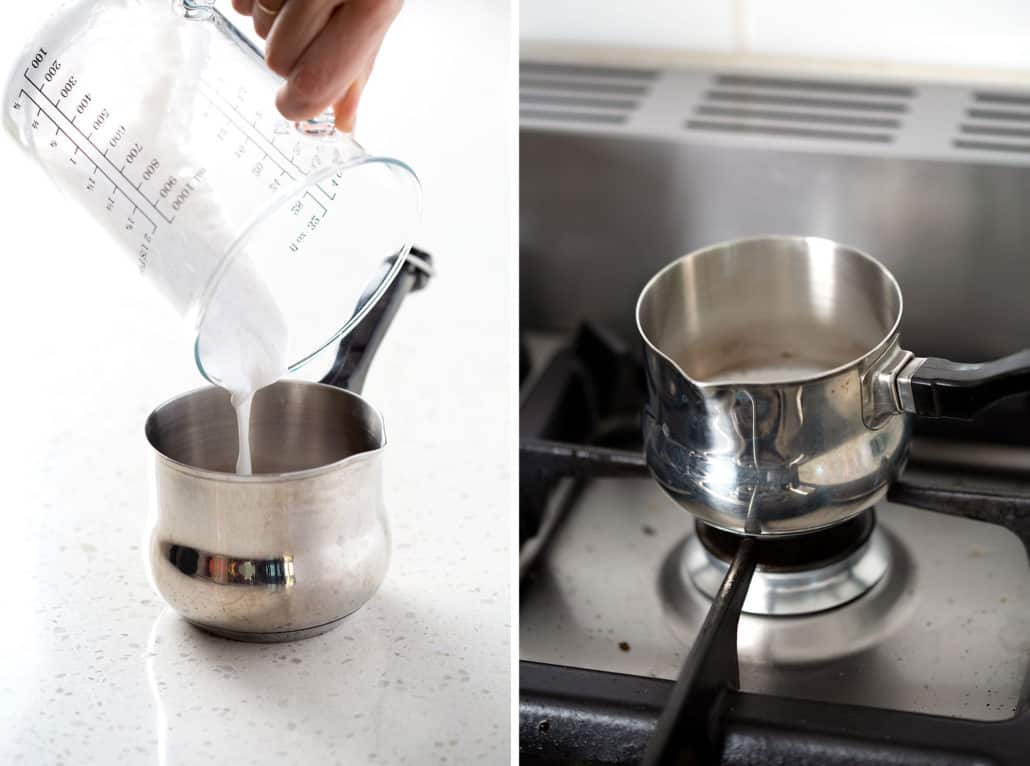pouring coconut milk into small saucepan and saucepan on stovetop
