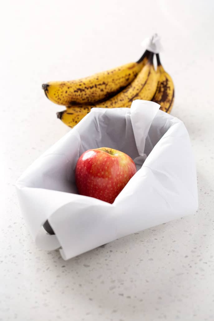loaf pan lined with parchment paper with apple and bananas