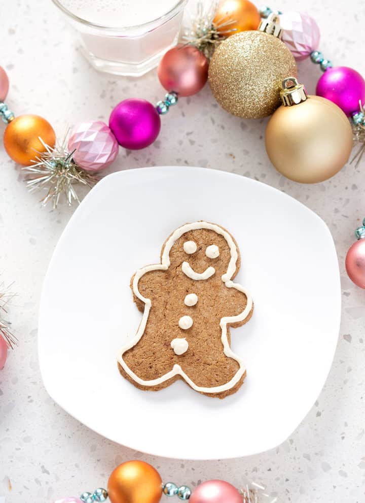 aip gingerbread cookie on white plate surrounded by christmas decorations