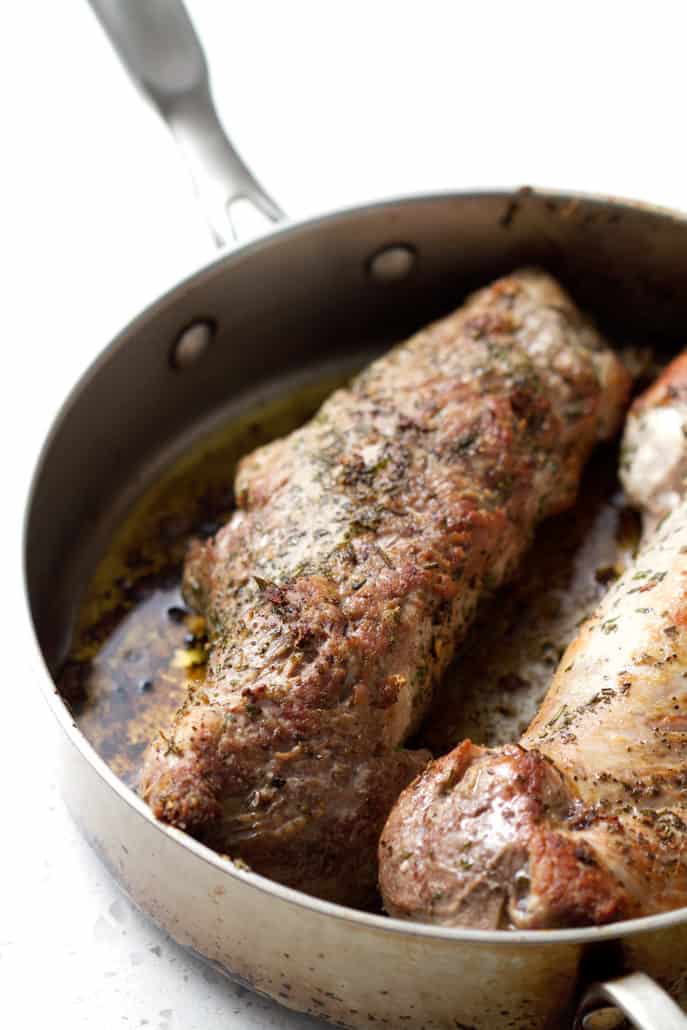 AIP Pork Tenderloin in pan on white background